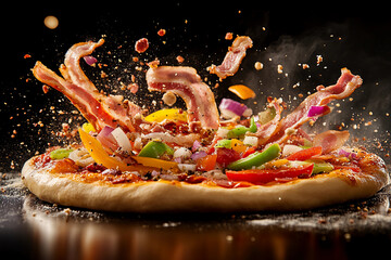Colorful Pizza Dough Surrounded by Bell Peppers, Onions, and Bacon Slices in a Dynamic Whirlwind of Ingredients, Capturing the Essence of Fresh, Vibrant Cooking