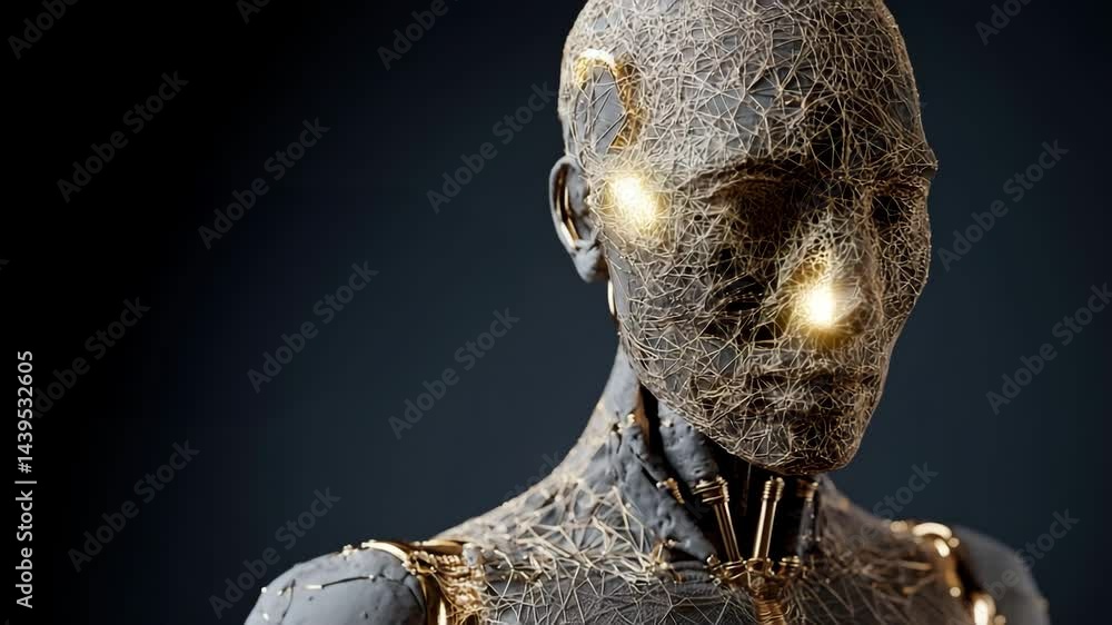 Poster futuristic humanoid robot with intricate golden wireframe mesh contemplates in dark studio, evoking 