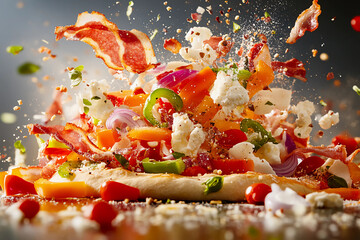 Colorful Pizza Dough Surrounded by Bell Peppers, Onions, and Bacon Slices in a Dynamic Whirlwind of Ingredients, Capturing the Essence of Fresh, Vibrant Cooking