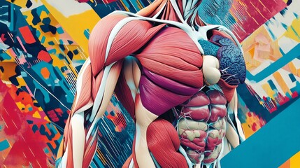 A digital artwork of a human torso with muscles and organs depicted as abstract shapes and forms, AI Generative.