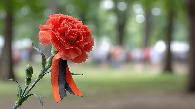 Red carnation with st. george ribbon symbolizing remembrance and victory day