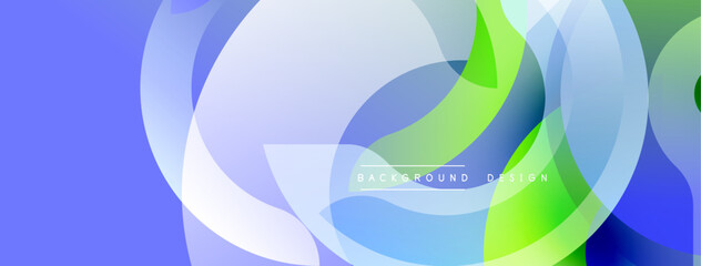 Abstract design features overlapping translucent circles. Blue, green hues create modern visual effect. Minimalist style, smooth gradients present.