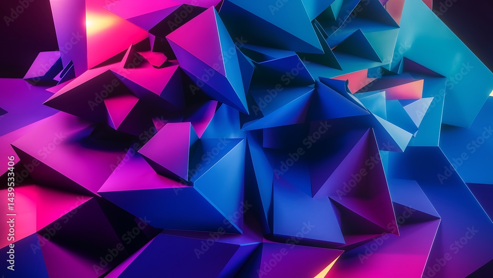 Poster 3d geometric polygons in vibrant gradient hues create a dynamic, modern background with depth and co