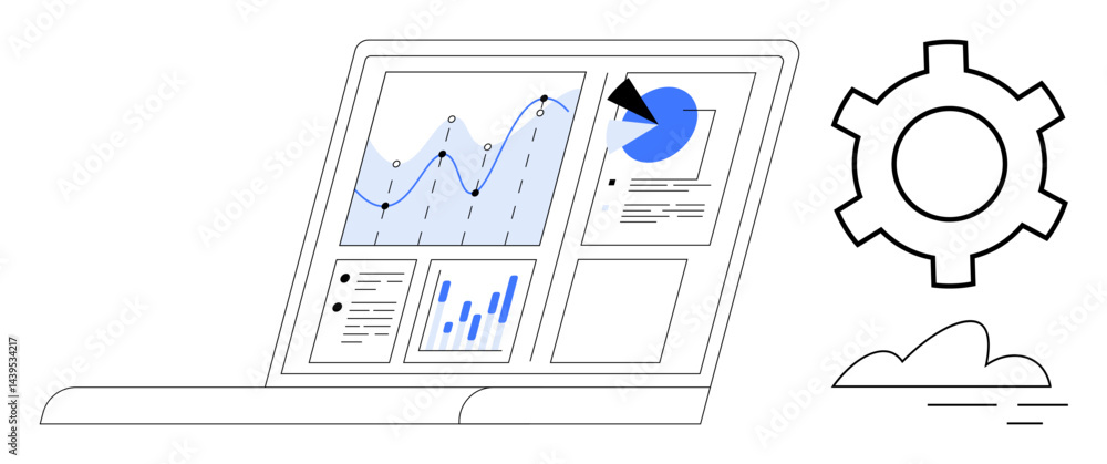 Aufkleber laptop displaying analytics dashboard with graphs and charts, accompanied by a gear and a cloud for 