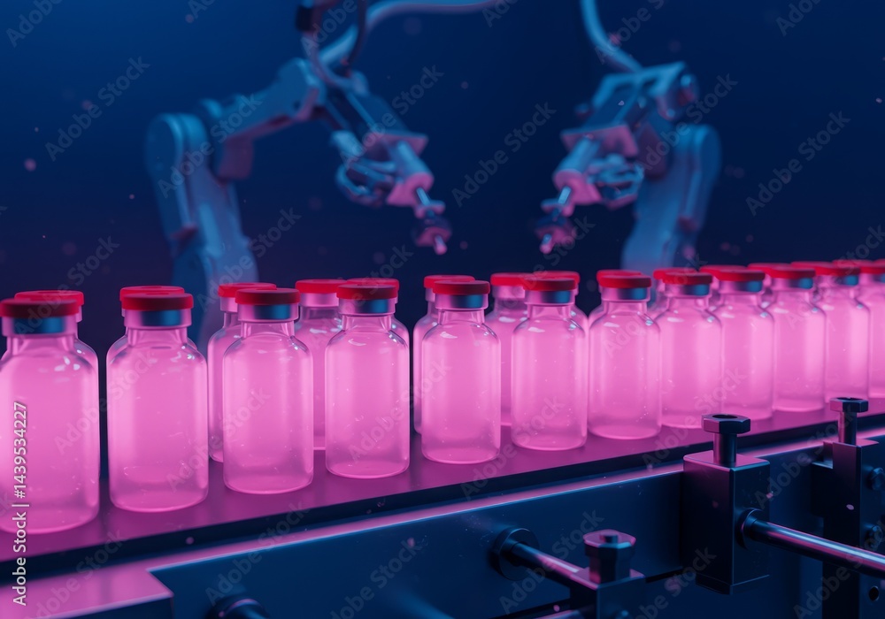 Poster automated vaccine production line with robotic arms filling vials efficiently