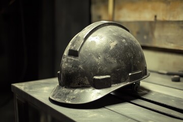 Dark, dusty safety helmet resting on workbench.