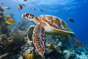 Fototapeta premium Sea Turtle Swimming Amidst Colorful Coral Reef And Tropical Fish In A Clear Ocean