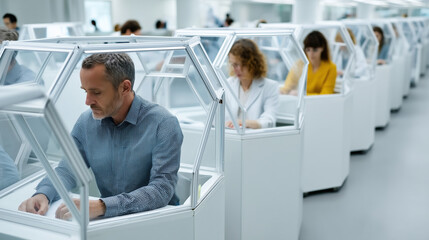 Futuristic Workspace: A modern, collaborative office environment, featuring individuals engaged in focused work within sleek, individual work pods, embodies innovation and the future of productivity.