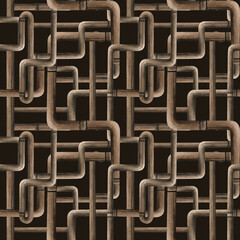 Interlocking copper pipes plumbing pipeline with connectors seamless pattern isolated on dark background. Watercolor illustration of water supply. Plumbing and drainage design. Web sites template