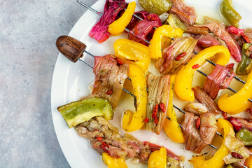 Appetizing vegetarian kebabs from rhubarb stalks.