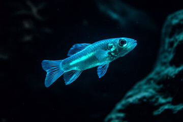 Blue Fish Swimming In Dark Underwater Cave