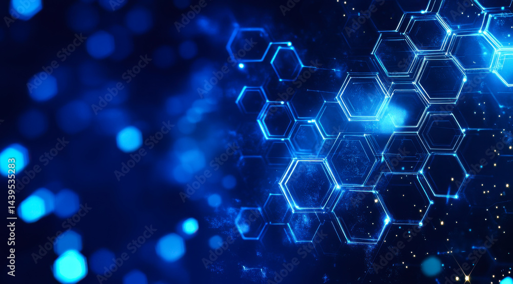 Poster intricate blue hexagonal patterns create a mesmerizing digital landscape with glowing circles in the
