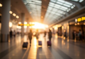 Blurred airport scene shows travelers with luggage in golden light