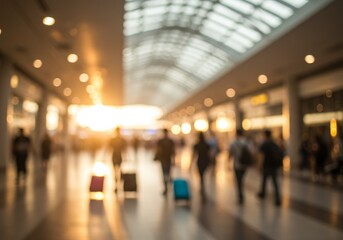 Blurred motion of travelers walking inside an airport terminal hall way