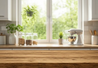 Bright kitchen interior with wooden countertop and blurred background view