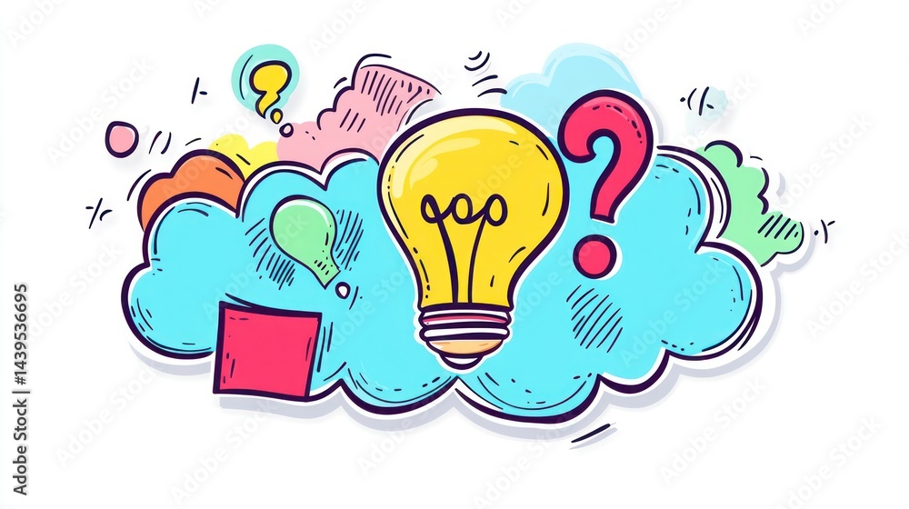 Poster conceptual ideas lightbulb with question mark, cloud. brainstorm for project