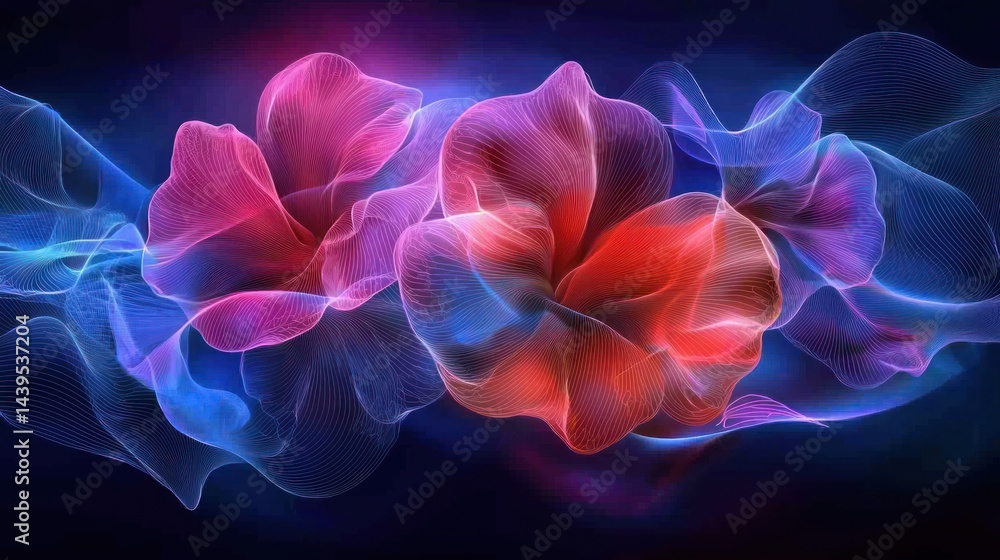 Poster abstract glowing floral shapes in dark background with flowing lines