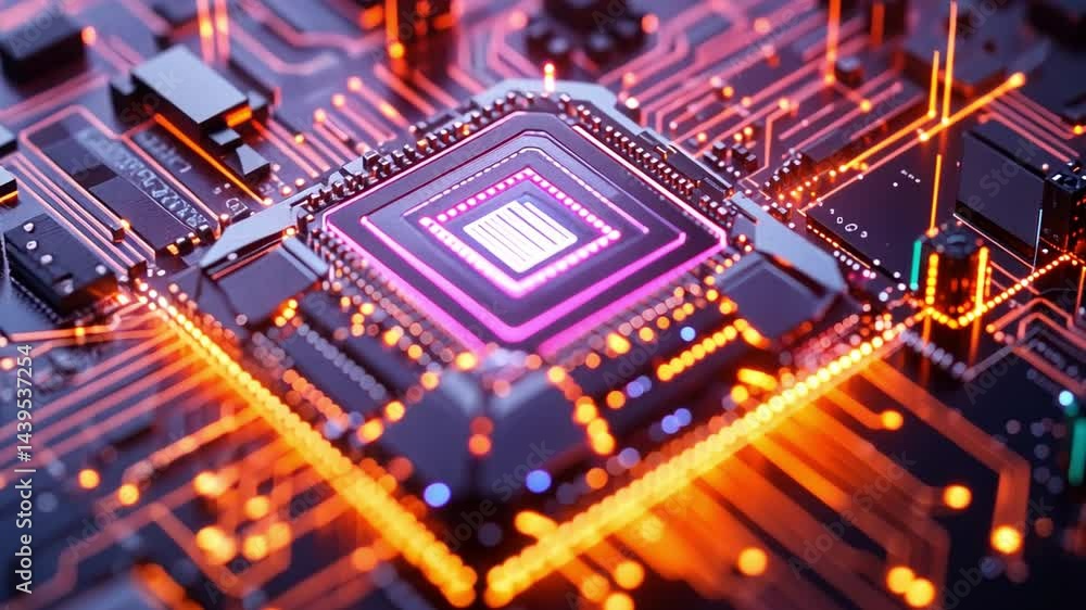 Poster technology's core: an up-close view of a sophisticated computer processor, its intricate circuits gl