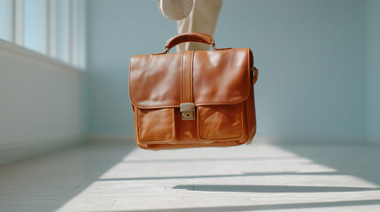Floating Leather Briefcase: A stylish brown leather briefcase floats elegantly against a soft, light blue backdrop. Sunlight streams through a nearby window, casting dramatic shadows on the floor.
