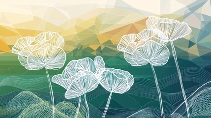Abstract floral design, white poppies on a teal and gold polygonal background.  Possible use wallpaper, poster, greeting card
