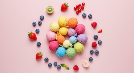 Obraz premium Colorful ice cream scoops with fresh fruit on a pink background studio shot