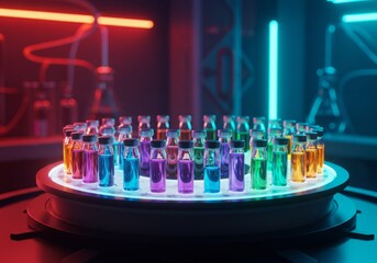 Colorful vials on a rotating platform in a futuristic laboratory