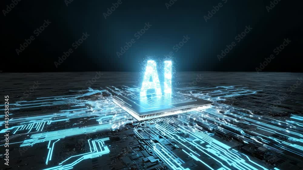 Poster glowing ai letters rise from a futuristic microchip, digital circuit patterns spread outward – techn