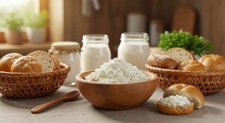 Cottage cheese in wooden bowl and bread on table for healthy breakfast
