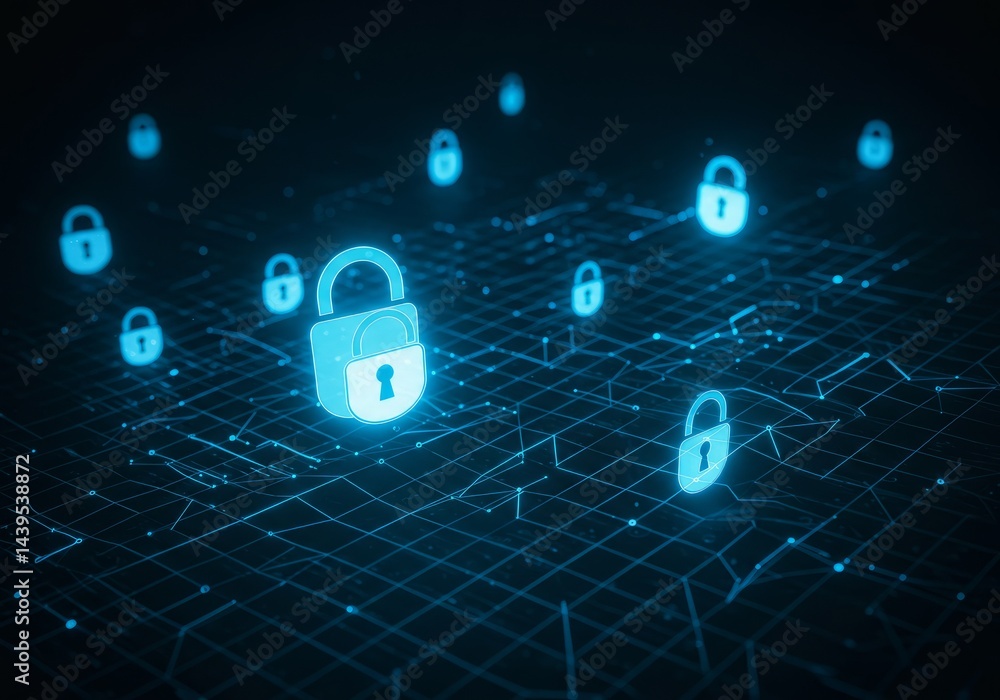 Aufkleber cyber security concept with glowing padlock icons on circuit board grid