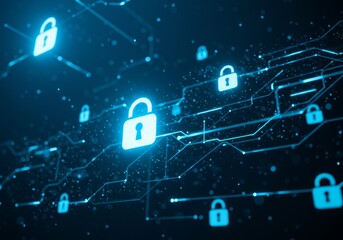Cyber security concept with glowing padlocks and network connections