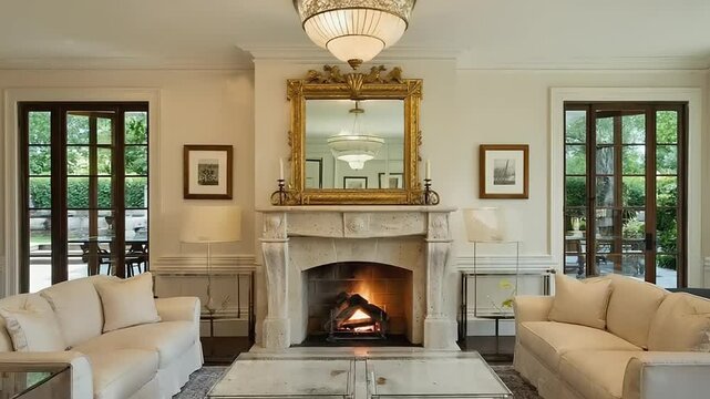 Formal living room with fireplace and large windows.