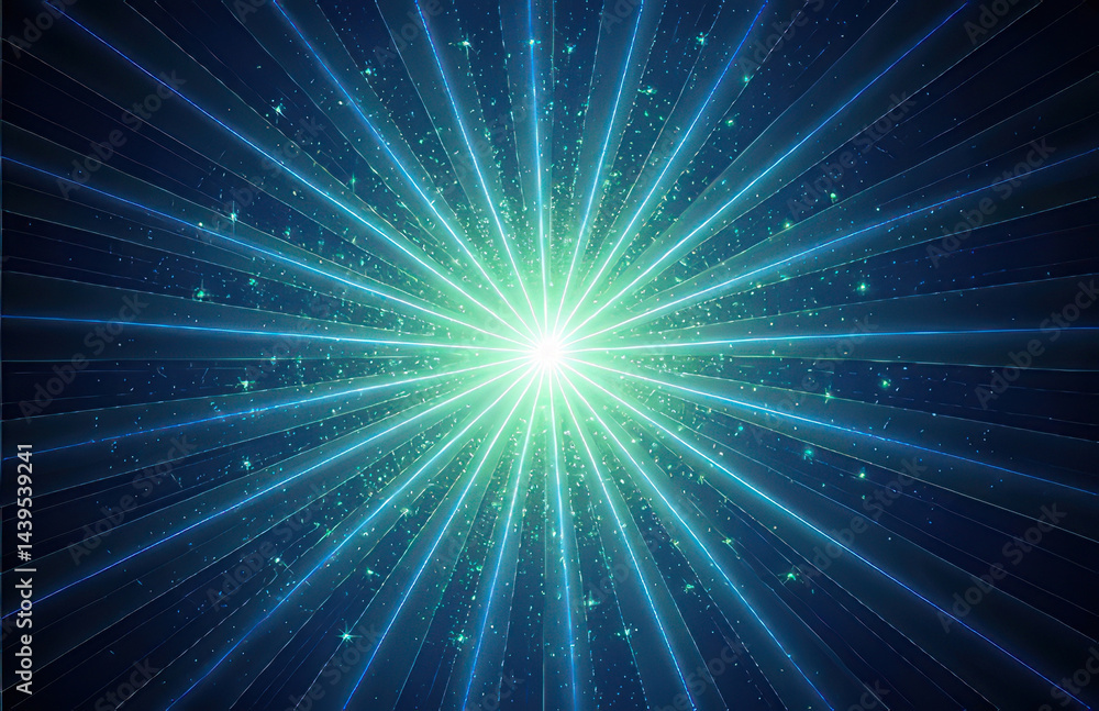 Poster bright light radiating from center with blue and green rays, creating cosmic effect filled with spar