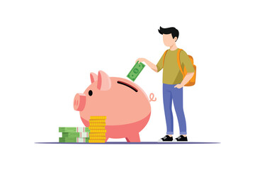 Man investing money into piggy bank. Financial growth and saving concept. Vector flat design isolated