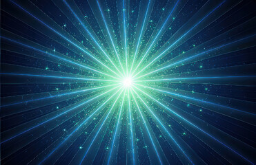Fototapeta premium Bright light radiating from center with blue and green rays, creating cosmic effect filled with sparkles