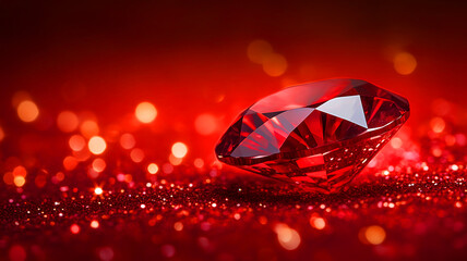A brilliant red gem, a precious diamond, shines against isolated black and red backgrounds, a symbol of luxury jewelry