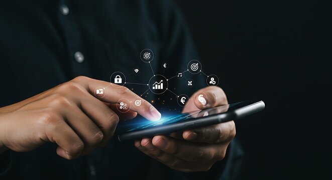 Person Using Smartphone with Financial Data Interface