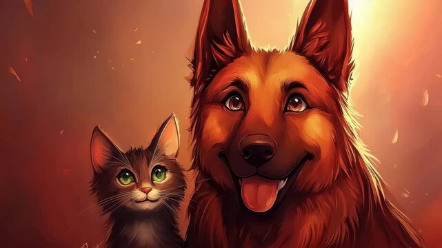 Cute cartoon portraits of a dog and a cat with other animals like a rabbit and donkey in a fun illustration