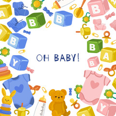 Vector illustration with the inscription oh baby and images of children's toys and clothes for boys and girls