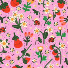 Vector seamless pattern with strawberry flowers and ladybug on a pink background