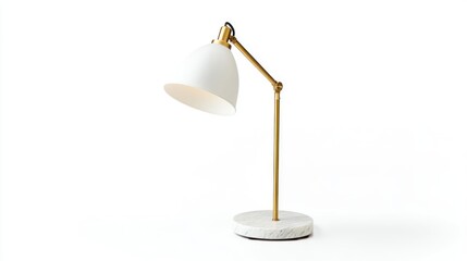 Marble base table lamp with brass arm and white shade on white background.