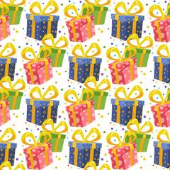 Seamless vector pattern with gift boxes, bows and confetti on a white background