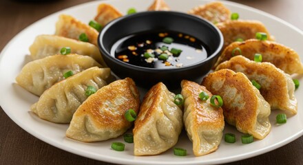 Delicious pan-fried dumplings with dipping sauce Asian cuisine closeup