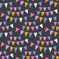 Seamless pattern with colored flags and garlands on dark background