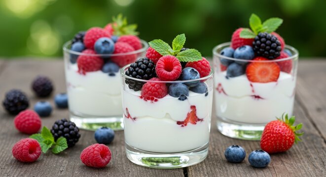 Delicious yogurt parfaits with fresh berries on a rustic wooden table - Powered by Adobe