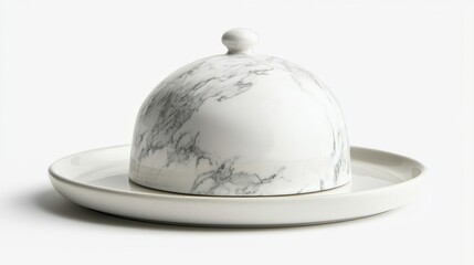 Fototapeta premium Marble-textured serving cloche raised above a white plate on white background.
