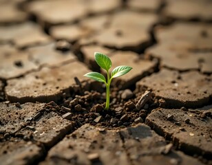 small green plant growing in dry cracked soil, resilience in harsh drought conditions