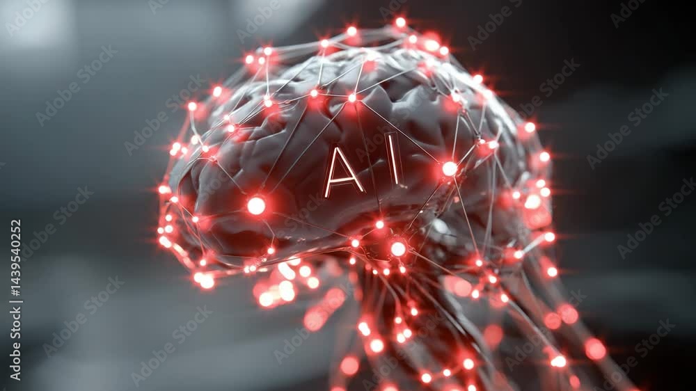 Poster futuristic artificial intelligence brain surrounded by glowing neural networks, dark background – in