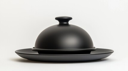 Fototapeta premium Matte black serving cloche lifted above an empty plate in a dining setting on white background.