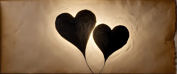 Elegant black ink drawings of simple intertwining hearts on textured rustic handmade papers. Extremely detailed high resolution illustration.