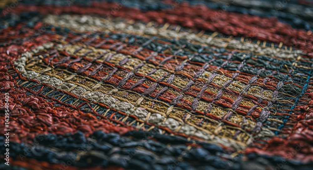 Poster A close up of a colorful patchwork quilt with a red and brown design